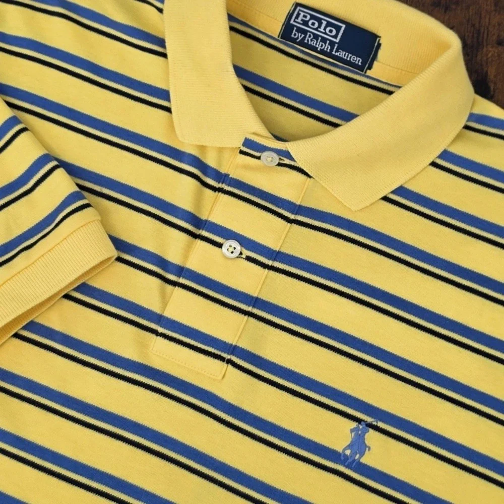 VTG Polo Ralph Lauren Polo Shirt Yellow‎ Blue Striped Soft Blue Pony Men's Large